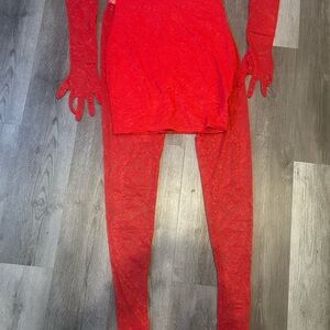 Red Lace Two Piece Set with Gloves